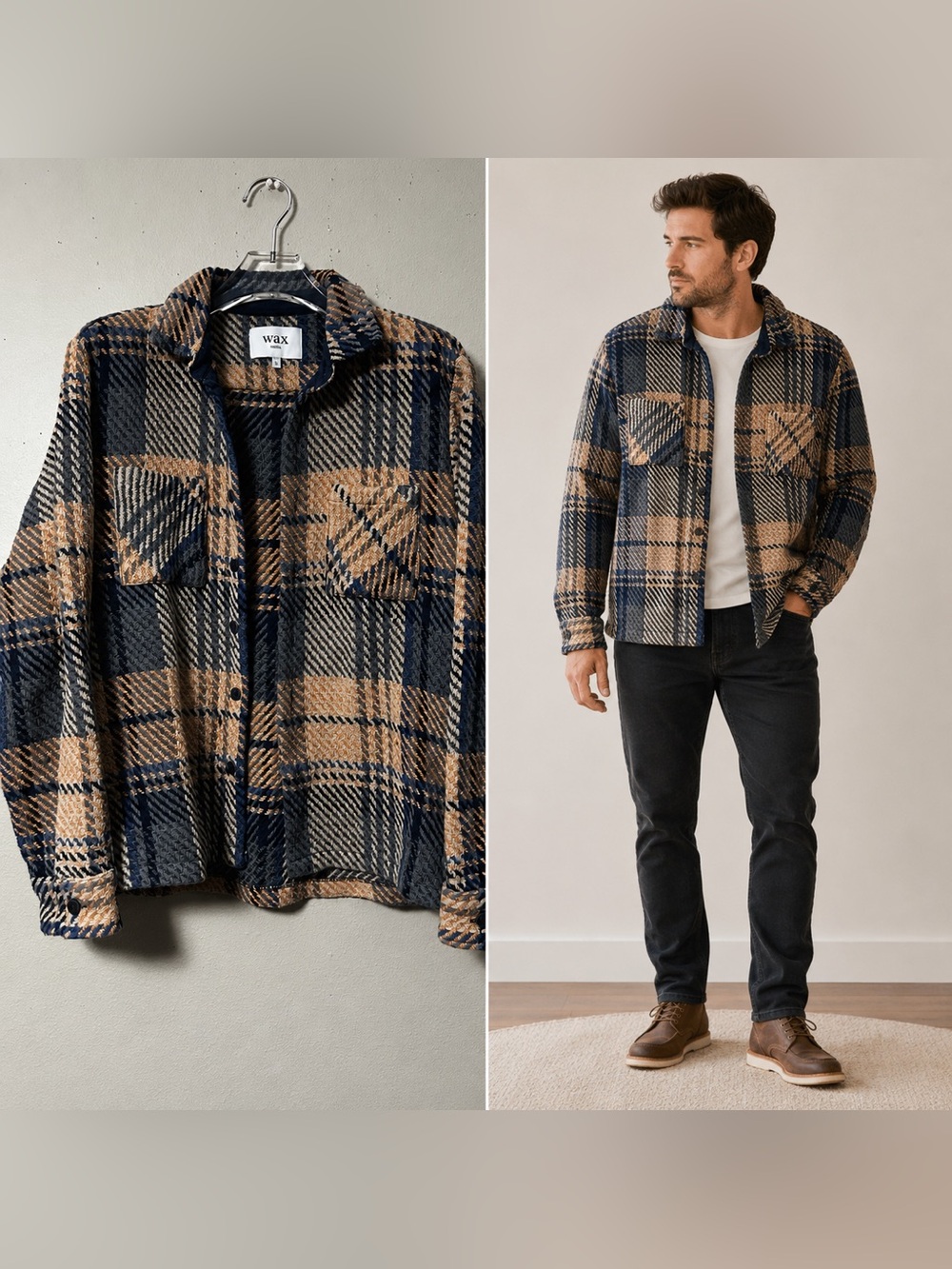 Wax London Shirt Mens XL Tan Blue Gray Check Overshirt Heavyweight Casual